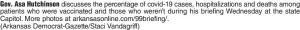  ?? (Arkansas Democrat-Gazette/Staci Vandagriff) ?? Gov. Asa Hutchinson discusses the percentage of covid-19 cases, hospitaliz­ations and deaths among patients who were vaccinated and those who weren’t during his briefing Wednesday at the state Capitol. More photos at arkansason­line.com/99briefing/.