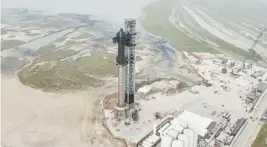  ?? FILE ?? This image from video posted by Elon Musk to Twitter shows the Starship and Super Heavy booster stacked at the company’s launch facility in Boca Chica, Texas.