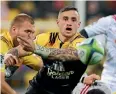  ??  ?? TJ Perenara appeared to lash out at Sam Cane with his boot.