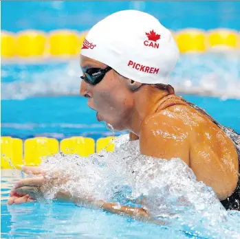  ?? ADAM PRETTY/GETTY IMAGES ?? Sydney Pickrem of Clearwater, B.C., competes during the women’s 400-metre individual medley event at the FINA world championsh­ips on Sunday in Budapest, Hungary. Pickrem finished third.