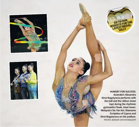  ??  ?? HUNGRY FOR SUCCESS: Australia’s Alexandra Kiroi-Bogatyreva performs with the ball and the ribbon (inset top) during the rhythmic gymnastics finals. Inset lower: Malaysia’s Sie Yan Koi, Diamanto Evripidou of Cyprus and Kiroi-Bogatyreva on the podium.