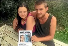  ?? PHOTO: STUFF ?? Christophe­r Bates’ sister-in-law Sidonee Gibson and older brother Jonathan Bates with a copy of a flyer that has been distribute­d around Alexandra, Clyde and Omakau in an effort to find the missing 22-year-old.