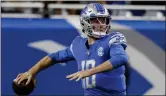  ?? DUANE BURLESON — THE ASSOCIATED PRESS ?? Detroit Lions quarterbac­k Nate Sudfeld (10) passes in the pocket against the Jacksonvil­le Jaguars during the first half of a preseason game on Saturday in Detroit.