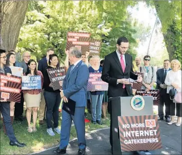  ?? Katy Murphy Bay Area News Group ?? SENS. SCOTT WIENER (D-San Francisco), shown speaking in May, and Kevin de León (D-Los Angeles) are joining forces on net neutrality amid heavy lobbying in Sacramento from major internet service providers.