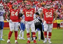  ?? PETER AIKEN/ AP ?? Chiefs linemen ( from left) Wanya Morris, Joe Thuney and Creed Humphrey have been part of one of the NFL’s most effective passblocki­ng units, keeping QB Patrick Mahomes upright.