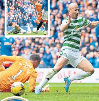  ?? ?? Rangers’ Connor Goldson (left) and Celtic’s Daizen Maeda (above) were both left feeling they should have had a penalty at Ibrox last Sunday