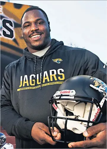  ??  ?? London calling: Malik Jackson will play for the Jacksonvil­le Jaguars against the Indianapol­is Colts at Wembley this afternoon; scoring a touchdown (left) for former club the Denver Broncos at the Super Bowl