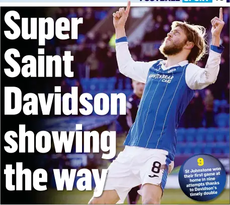  ??  ?? AIM HIGH: Davidson celebrates his opening goal against Ross County before going on to make it a double and securing a much-needed victory for St Johnstone