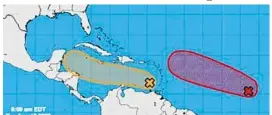  ?? NATIONAL HURRICANE CENTER/COURTESY ?? Two tropical waves in the Atlantic may become tropical cyclones in the next five days, according to the National Hurricane Center.