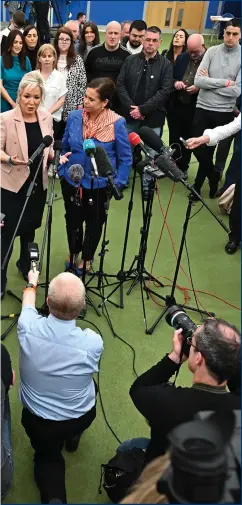  ?? Picture: Jeff J Mitchell/Getty Images ?? Sinn Fein’s Michelle O’Neill and Mary Lou McDonald at the declaratio­n in Northern Ireland at the Meadowbank count