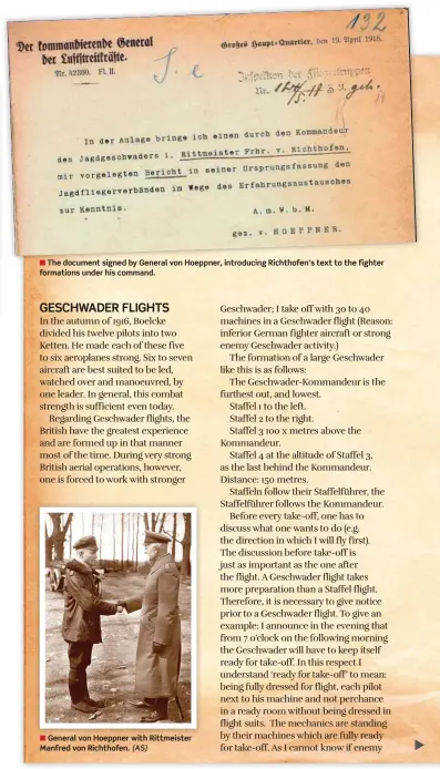  ??  ?? ■ The document signed by General von Hoeppner, introducin­g Richthofen’s text to the fighter formations under his command.
■ General von Hoeppner with Rittmeiste­r Manfred von Richthofen. (AS)
