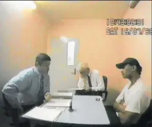  ??  ?? Left, a still from the police interview video, in July 1995, during which Thompson detailed multiple rapes.
Far left, Joseph Thompson in August 1995, shortly after confessing to 129 charges against 47 victims.