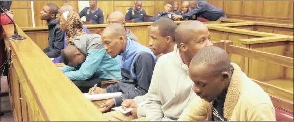  ?? Picture: ?? Godfrey Makaleni, Itumeleng Makaloi, Neo Pule, Nkosinathi Mpungose, Sipho Buthelezi, Bongani Ndlela, Deon van Staden, Thamsanqa Shezi and Gunda Mtshali appeared in the Northern Cape High Court yesterday on charges of kidnapping, theft, attempted murder and murder.