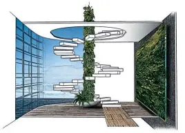  ?? ?? Yacht-Green’s lush concepts include a mini-forest with a fountain (above) as well as green columns and vertical garden walls (left).