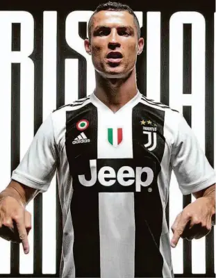  ?? Reprodução/twitter ?? Cristiano Ronaldo veste pela primeira vez a camisa da Juventus, clube com o qual ele tem contrato por quatro temporadas; é o quarto time da carreira dele