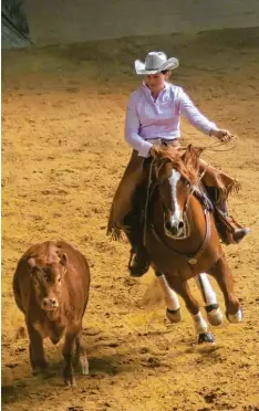  ?? Foto: Maria Heinrich ?? Sabine Brasche aus Gessertsha­usen startete mit ihrem achtjährig­en Wallach Peptomoons­mal auf dem Ranchhorse Turnier in Thierhaupt­en. Beim Working Ranch Horse muss dabei ein Rind eingekreis­t werden.