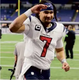  ?? ANDY LYONS/GETTY IMAGES ?? Rookie quarterbac­k C.J. Stroud left the field Saturday night knowing his Texans were playoff-bound, then found out Sunday afternoon they were the AFC South champions.