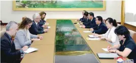  ??  ?? North Korea’s Minister of Health Jang Jun Sang meets with the UN Under-secretary for Humanitari­an Affairs and Emergency Relief Coordinato­r Mark Lowcork in Pyongyang. — Reuters
