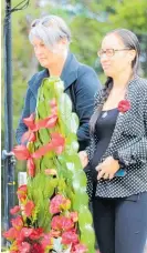  ?? ?? Wreath laying by district councillor­s Victoria Kaye-Simmons and PiriHira Tukapua.