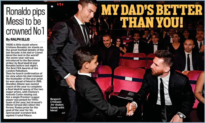  ?? AFP ?? Respect: Cristiano Jnr shakes hands with Messi