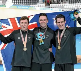  ?? GETTY IMAGES ?? The New Zealand men’s sprint team Ethan Mitchell, left, Eddie Dawkins and Sam Webster are seek to return to their gold medal-winning exploits from last year’s Commonweal­th Games at the World Cup event in Cambridge this weekend.