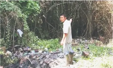  ??  ?? A garage worker points to where ‘Tarzan’ was spotted emerging from the jungle.