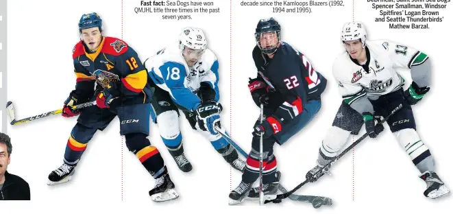  ??  ?? From left: Erie Otters’ Alex DeBrincat, Saint John Sea Dogs’ Spencer Smallman, Windsor Spitfires’ Logan Brown and Seattle Thunderbir­ds’ Mathew Barzal.