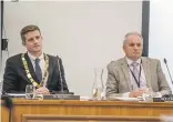  ?? KAVINDA HERATH/SOUTHLAND TIMES ?? Gore District mayor Ben Bell with interim chief executive Stephen Parry at his last council meeting, as the council discusses a 21.4% rates increase.