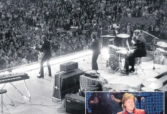  ??  ?? HELLO, GOODBYE: The Beatles playing at San Francisco’s Candlestic­k Park in 1966. Inset, Sir Paul McCartney returned there to perform in 2014