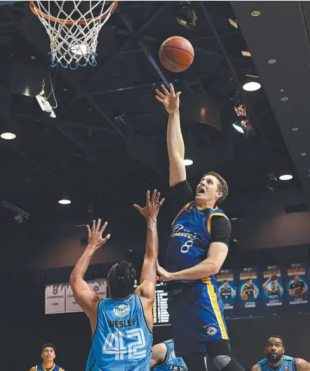  ?? Picture: AAP IMAGE ?? Brisbane’s Cameron Bairstow leaps for a basket in his side’s loss to the Breakers last night.