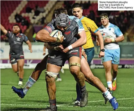  ?? ?? Sione Kalamfoni ploughs over for a Scarlets try PICTURE: Huw Evans Agency