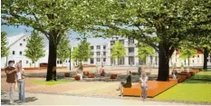  ?? Foto: Steinbache­r Consult ?? So könnte das Areal rund um den Zehentplat­z in Mertingen einmal aussehen. Bis 2022 soll das Projekt umgesetzt werden.