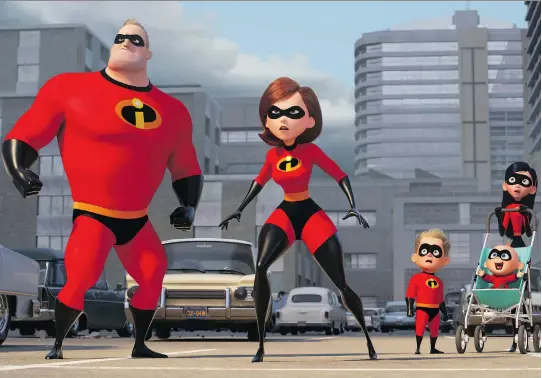  ?? PHOTOS: DISNEY/PIXAR ?? Helen Parr, centre, voiced by Holly Hunter, is in the spotlight when a new villain hatches a brilliant and dangerous plot that only the Incredible­s can overcome together.