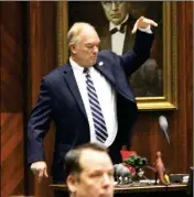  ?? ASSOCIATED PRESS ?? IN THIS FEB. 1 FILE PHOTO, Arizona Republican state Rep. Don Shooter of Yuma drops his mic after voting no on a resolution expelling him from the Arizona House for a pattern of sexual harassment in Phoenix.