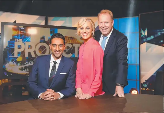  ?? Picture: RICHARD DOBSON ?? Presenters Waleed Aly, Carrie Bickmore and Peter Helliar from The Project – one of the troubled network’s standout programs.
