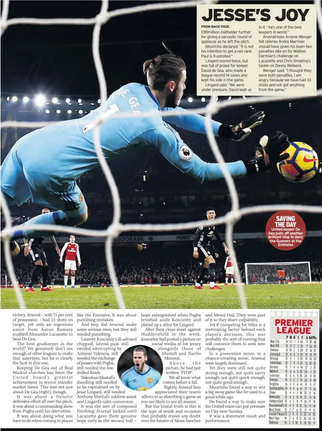  ??  ?? SAVING THE DAY United keeper De Gea pulls off another brilliant stop to deny the Gunners at the Emirates SCHALKE will make Leon Goretzka the highest-paid player in their history in a bid to prevent the German internatio­nal moving to the Premier League...