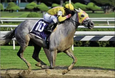 ?? DAVID M. JOHNSON — DJOHNSON@DIGITALFIR­STMEDIA.COM ?? Jules N Rome, with Javeir Castellano up, comes home to win in the $100,000 Saratoga Dew Stakes at Saratoga Race Course Aug. 15, 2016.