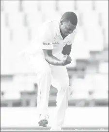  ??  ?? Fast bowler Shannon Gabriel celebrates another scalp during his five-wicket haul on the opening day of the second Test on Thursday. (Photo courtesy CWI Media)