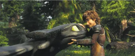  ?? DreamWorks Animation / Universal Pictures ?? The dragon Toothless and Hiccup, voiced by Jay Baruchel, in the lovely “How to Train Your Dragon: The Hidden World.”