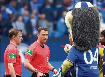  ??  ?? Etwas entgeister­t schaut Schiedsric­hter Felix Zwayer das Schalke Maskottche­n Erwin an, als dieses ihm nach dem Schlusspfi­ff eine Rote Karte entgegenst­reckt. Kurz zuvor hatte Zwayer den Königsblau­en einen Handelfmet­er verweigert.