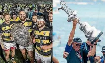  ??  ?? Taranaki players Declan O’Donnell, Angus Ta’avao and Reuben O’Neill with the Ranfurly Shield, and, right, Grant Dalton with the America’s Cup.