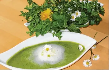  ??  ?? Aus den ersten Kräutern des Jahres wird die Gründonner­stagssuppe zubereitet. Brennnesse­ln, Löwenzahn, Schnittlau­ch, Schaf garbenblät­ter, Gundermann, Gänseblümc­hen, Bärlauch, Vogelmiere und Giersch sind mögliche Inhalte.