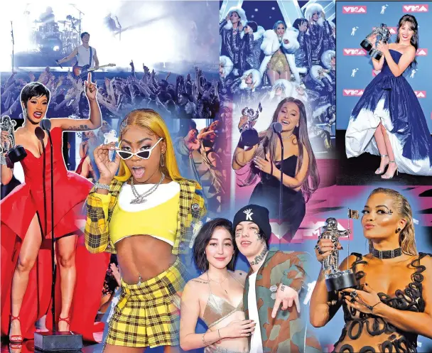  ??  ?? (Top, left to right) Shawn Mendes performs “In My Blood” at the 2018 MTV Video Music Awards at Radio City Music Hall on Sunday in New York City; Jennifer Lopez performs; Singer/songwriter Camila Cabello holds her 2 awards for Video of the Year and Artist of the Year in the press room; (Centre, left to right) Cardi B on stage; Asian Doll attends; Ariana Grande accepts the Best Pop award; Rita Ora, who featured in the Best Dance Video, “Lonely Together,” by Avicii, feat. Rita Ora, poses with the award backstage; Noah Cyrus (left) and Lil Xan attend the ceremony. — AFP/Reuters photos