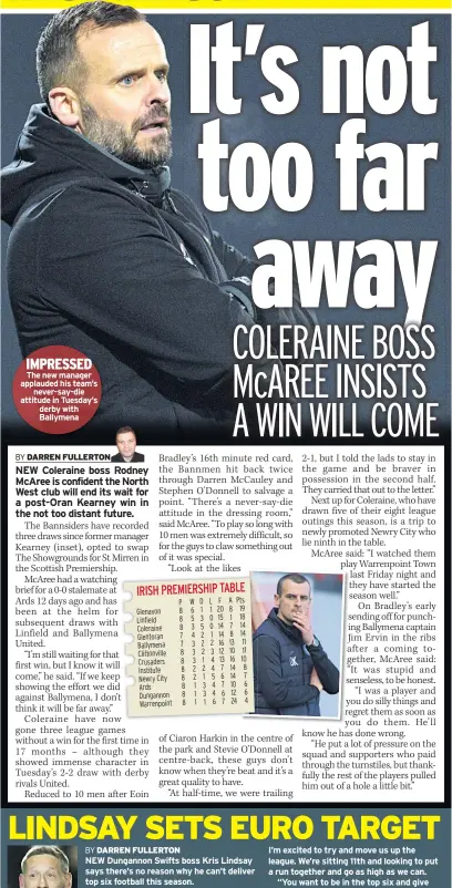  ??  ?? IMPRESSED The new manager applauded his team’s never-say-die attitude in Tuesday’s derby with Ballymena