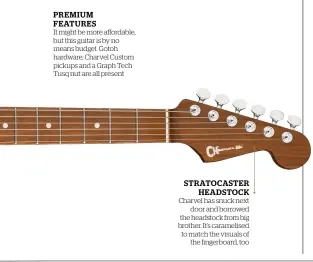  ??  ?? It might be more affordable, but this guitar is by no means budget. Gotoh hardware, Charvel Custom pickups and a Graph Tech Tusq nut are all present STRATOCAST­ER HEADSTOCK Charvel has snuck next door and borrowed the headstock from big brother. It’s caramelise­d to match the visuals of the fingerboar­d, too PREMIUM FEATURES