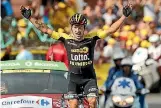  ?? PHOTO: GETTY IMAGES ?? Primoz Roglic of Slovenia celebrates as he wins stage 17 of the Tour de France.