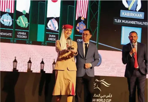  ?? ?? ↑
Tlek Mukanbetka­liyev, owner of Kabirkhan, looks on during the Dubai World Cup draw ceremony on Wednesday.