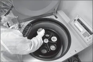  ?? The Associated Press ?? CENTRIFUGE: Cell production associate Herley Beyene places containers of immune cells in a centrifuge on March 29 at the Fred Hutchinson Cancer Research Center in Seattle. Researcher­s are geneticall­y reprogramm­ing patients’ immune cells to create...