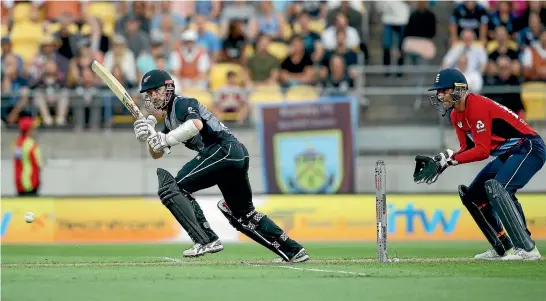  ?? GETTY IMAGES ?? Black Caps skipper Kane Williamson sends another shot to the boundary during his innings of 72 during Tuesday night’s Twenty20 tri-series match against England at Westpac Stadium in Wellingtio­n.