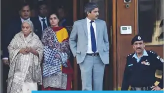  ??  ?? ISLAMABAD: The wife (second left) and mother (left) of Kulbushan Sudhir Jadhav, an Indian national sentenced to death for spying in Pakistan, leave after meeting with Jadhav at the Foreign Ministry in Islamabad yesterday.—AFP